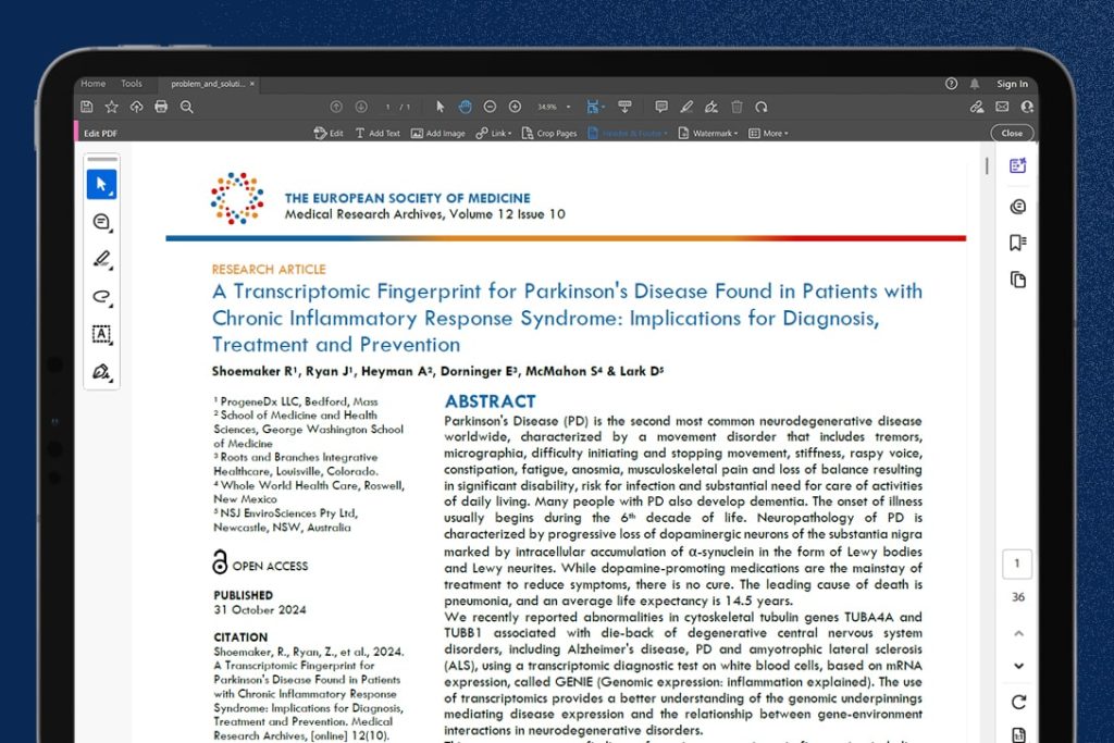 A Transcriptomic Fingerprint for Parkinson’s Disease Found in Patients with Chronic Inflammatory Response Syndrome: Implications for Diagnosis, Treatment and Prevention